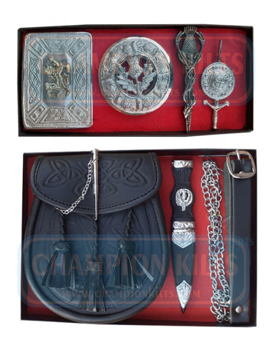 Embossed Black Leather Sporran With Accessories Package
