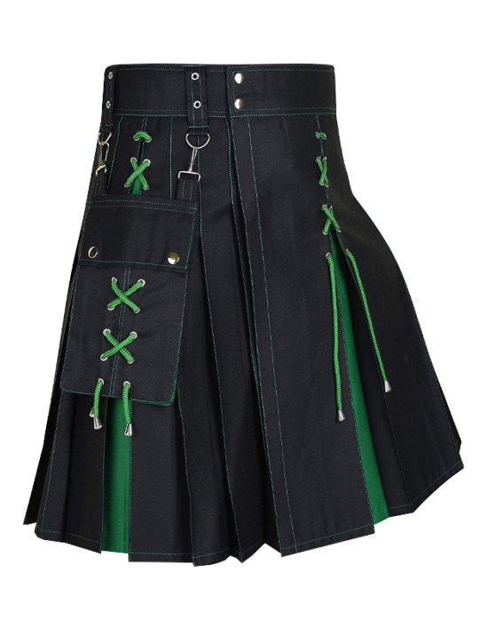 Black & Green Cotton Fashion Utility Kilt