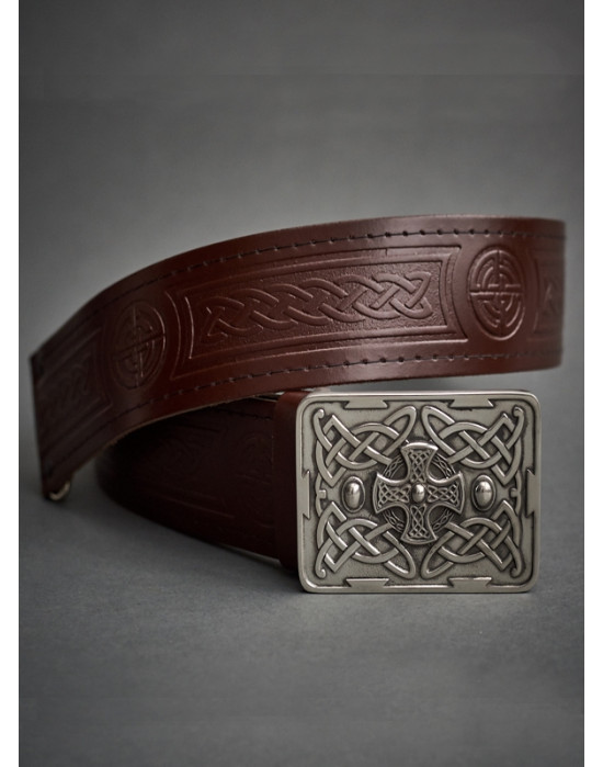 Northumberland Cross Buckle With Brown Leather Celtic Belt