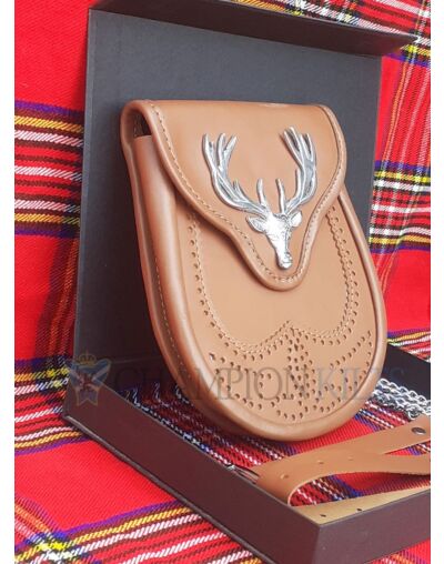 Stag Badge Brown Leather Day Sporran
